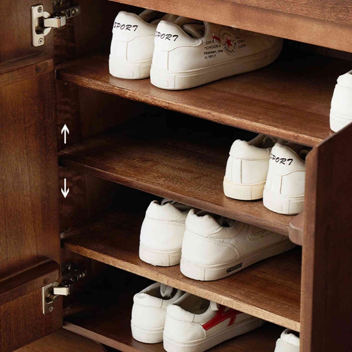 Lirra Shoe Rack, modern mango wood shoe rack cabinet with a honey finish, 2 drawers, 3 detachable shelves, and 2 doors.