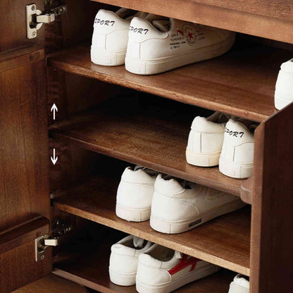 Lirra Shoe Rack, modern mango wood shoe rack cabinet with a honey finish, 2 drawers, 3 detachable shelves, and 2 doors.