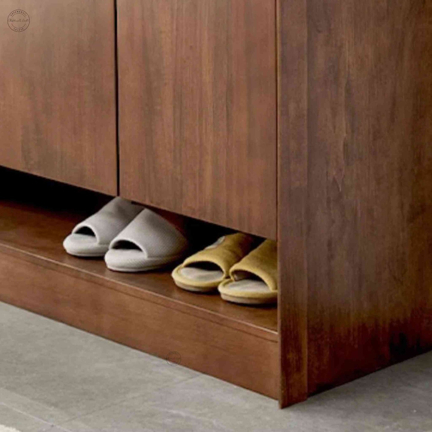 Lirra Shoe Rack, modern mango wood shoe rack cabinet with a honey finish, 2 drawers, 3 detachable shelves, and 2 doors.