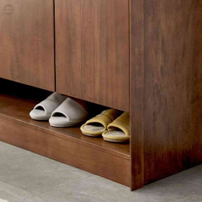 Lirra Shoe Rack, modern mango wood shoe rack cabinet with a honey finish, 2 drawers, 3 detachable shelves, and 2 doors.
