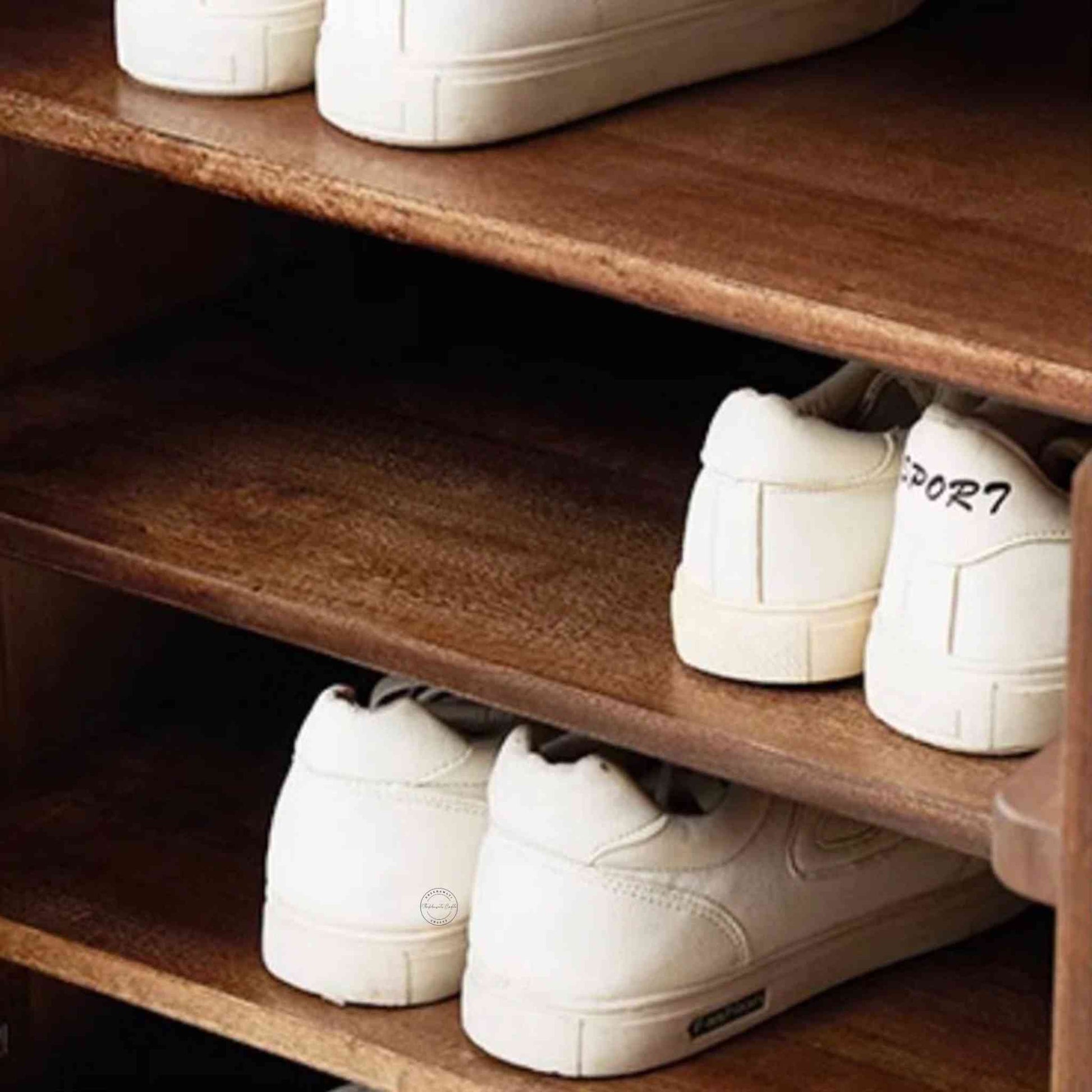 Lirra Shoe Rack, modern mango wood shoe rack cabinet with a honey finish, 2 drawers, 3 detachable shelves, and 2 doors.