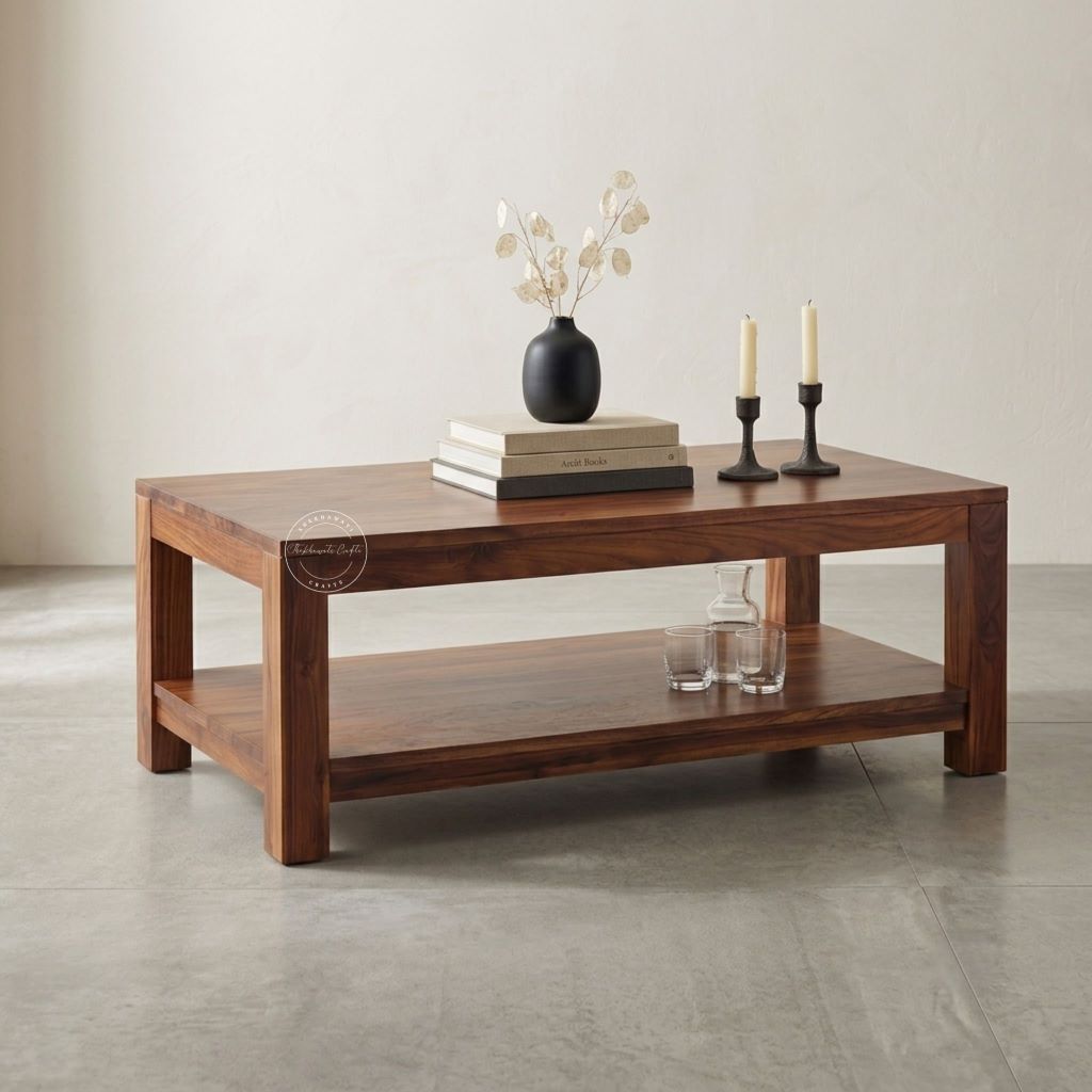 A dark brown wooden coffee table with a shelf, styled with books, a black vase of dried flowers, candles and glasses, set against a neutral beige wall and gray concrete floor.