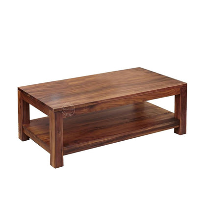 A rectangular wooden coffee table with a rich dark brown finish, featuring a top surface and a lower shelf, shown on a plain white background.