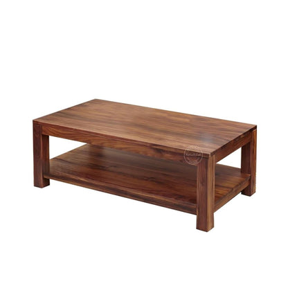 A rectangular wooden coffee table with a rich dark brown finish and a bottom shelf.