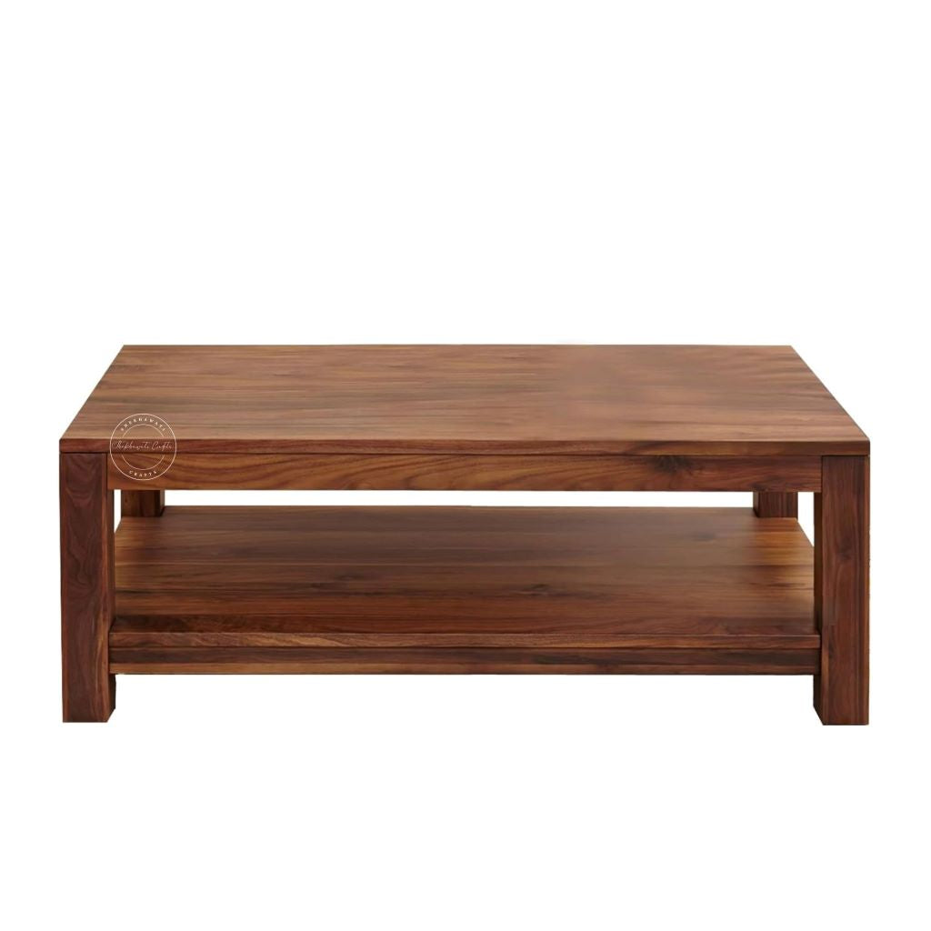 A rectangular wooden coffee table with a rich dark brown finish, featuring a top surface and a lower shelf, shown against a plain white background.