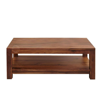 A rectangular wooden coffee table with a rich dark brown finish, featuring a top surface and a lower shelf, shown against a plain white background.