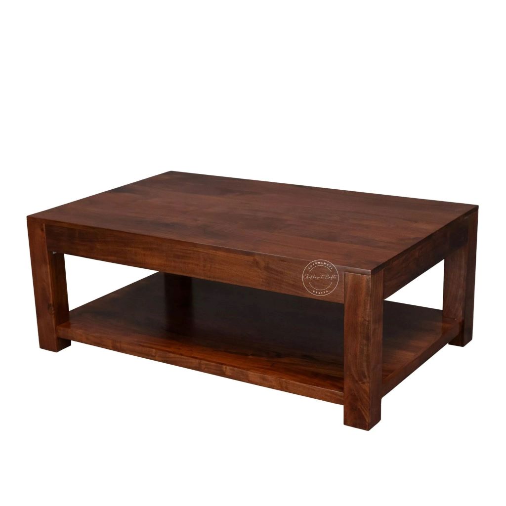 A rectangular dark brown wooden coffee table with a lower shelf, shown from a three-quarter angle on a plain white background.