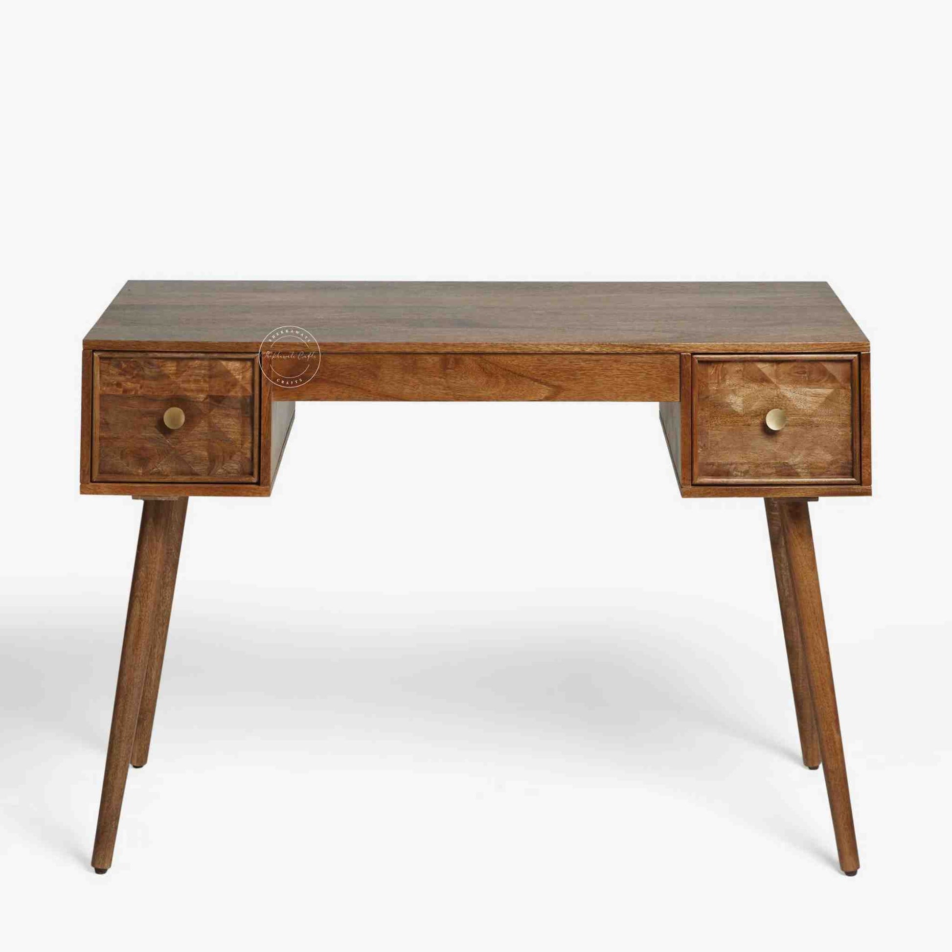 Lucco Mango Wood Study Table with a natural finish, 2 drawers, foldable legs,  modern wooden desk for study or office furniture.