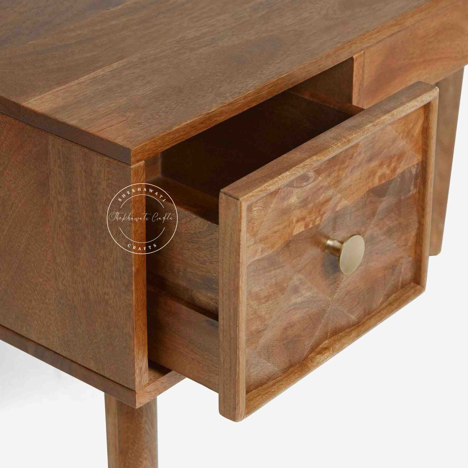 Lucco Mango Wood Study Table with a natural finish, 2 drawers, foldable legs,  modern wooden desk for study or office furniture.