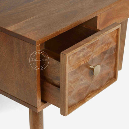 Lucco Mango Wood Study Table with a natural finish, 2 drawers, foldable legs,  modern wooden desk for study or office furniture.