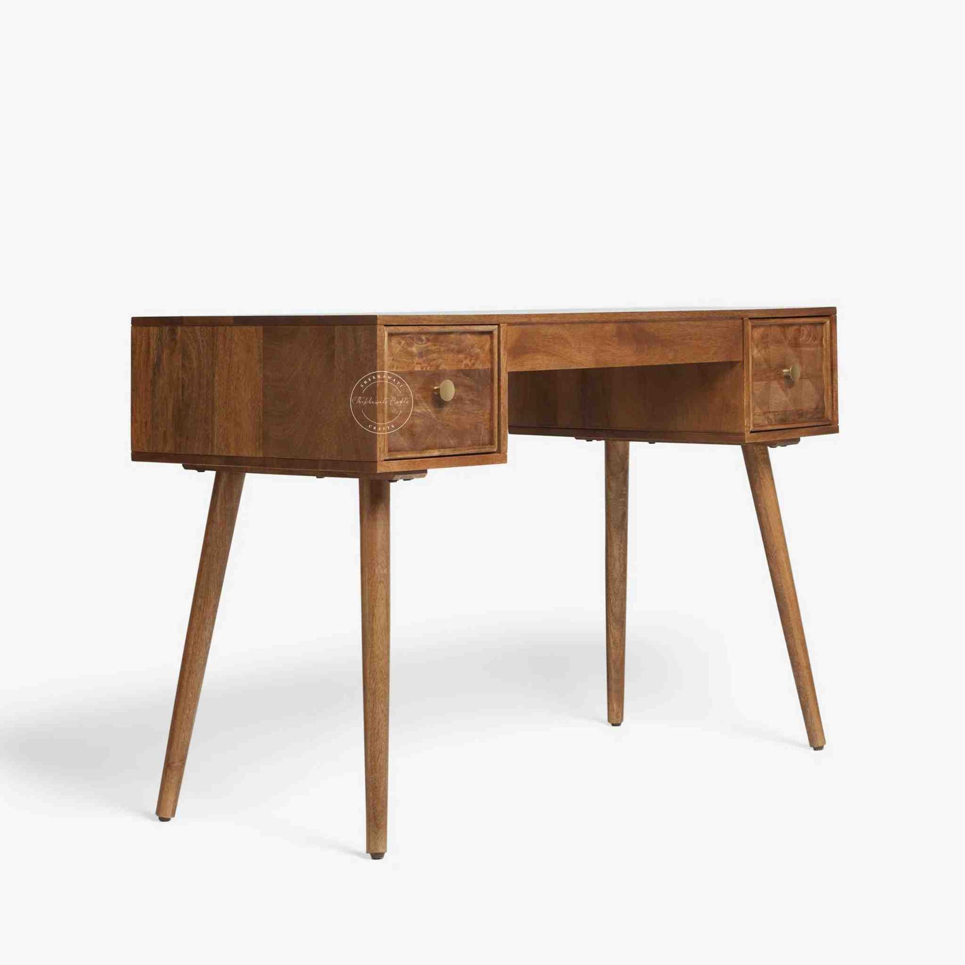 Lucco Mango Wood Study Table with a natural finish, 2 drawers, foldable legs,  modern wooden desk for study or office furniture.