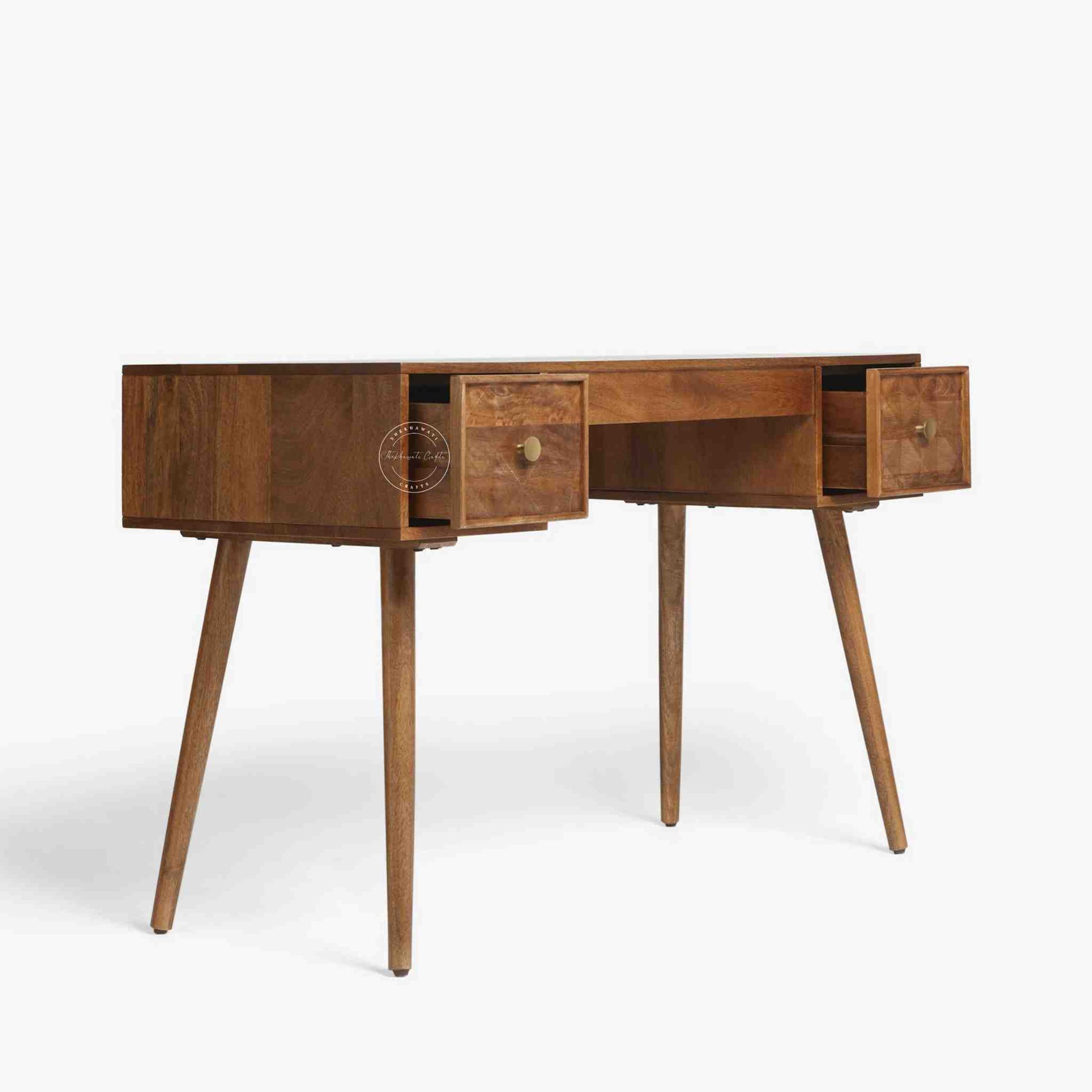Lucco Mango Wood Study Table with a natural finish, 2 drawers, foldable legs,  modern wooden desk for study or office furniture.