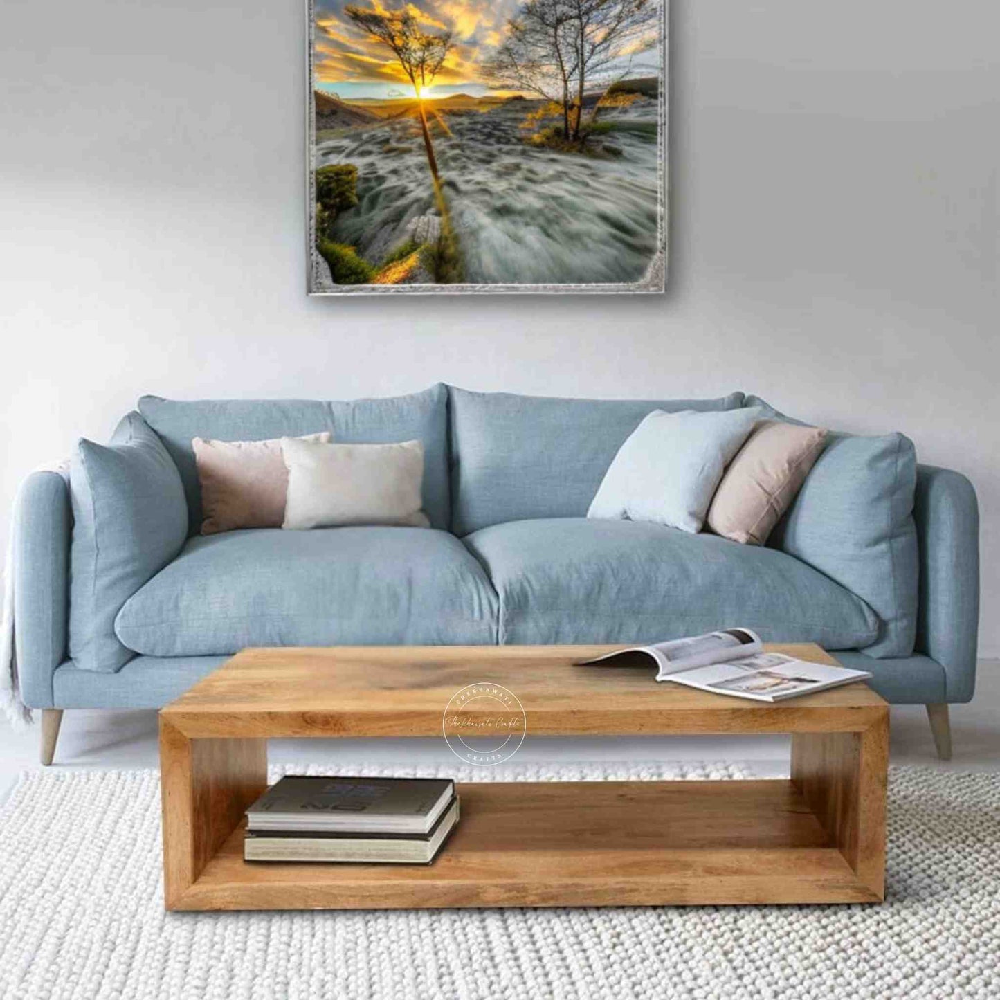 Luna center table crafted with mango wood with a natural mango wood finish.