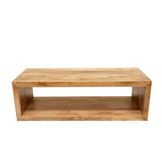Luna center table crafted with mango wood with a natural mango wood finish.