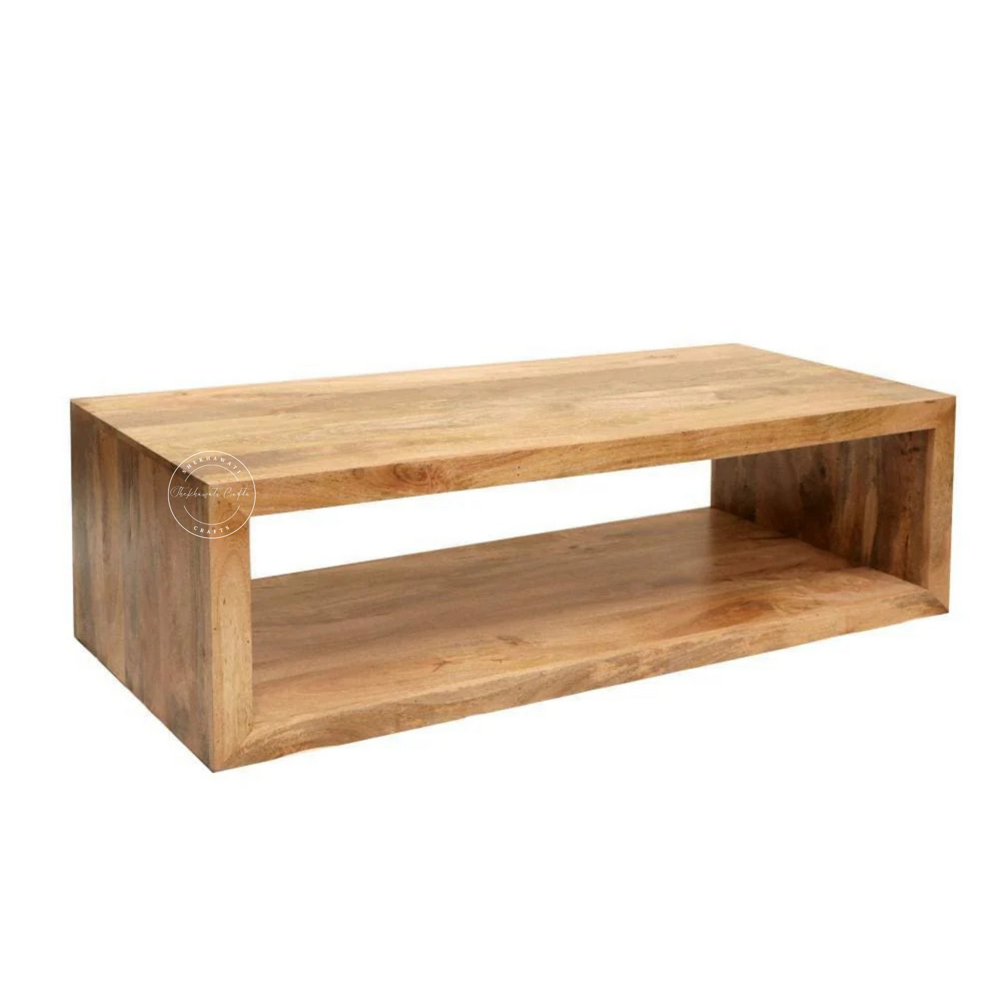 Luna center table crafted with mango wood with a natural mango wood finish.