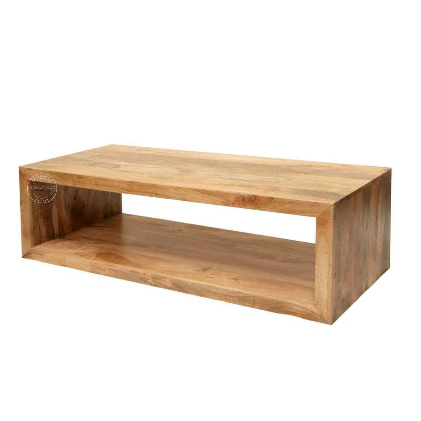 Luna center table crafted with mango wood with a natural mango wood finish.