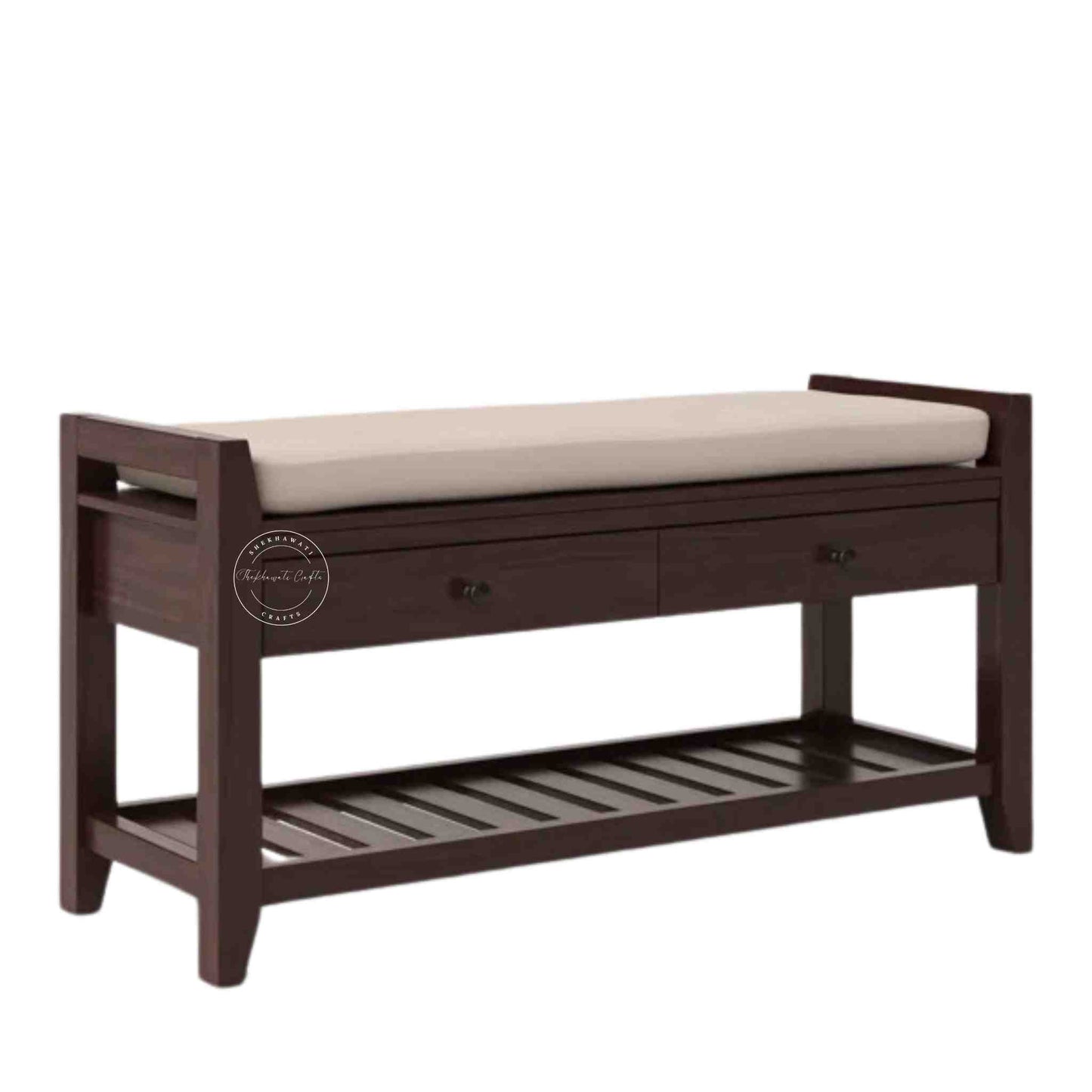 Lyla Mango Wood Storage Bench with red mahogany finish, seating cushion, 2 drawers, bottom shelf and entrance furniture for home or office.