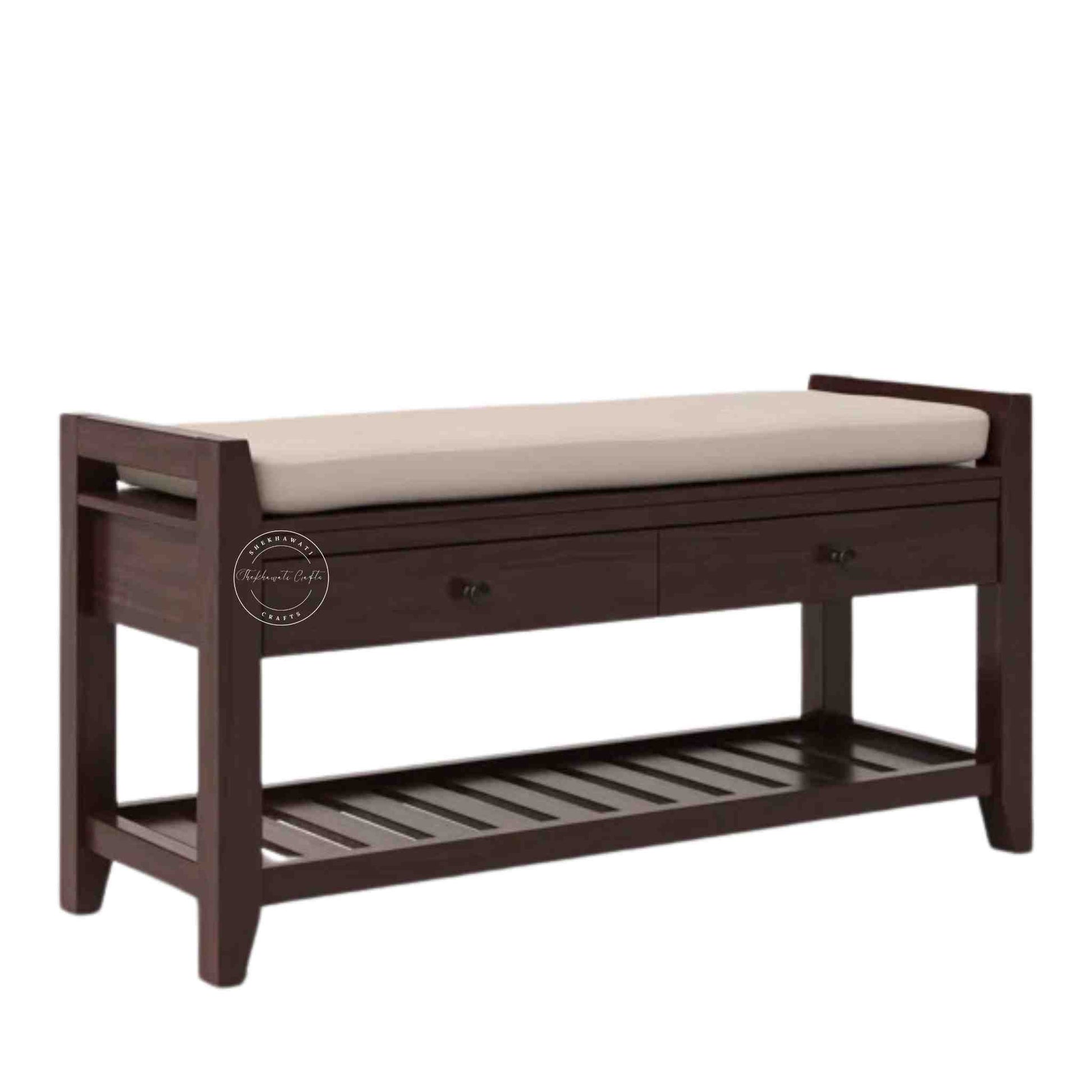 Lyla Mango Wood Storage Bench with red mahogany finish, seating cushion, 2 drawers, bottom shelf and entrance furniture for home or office.