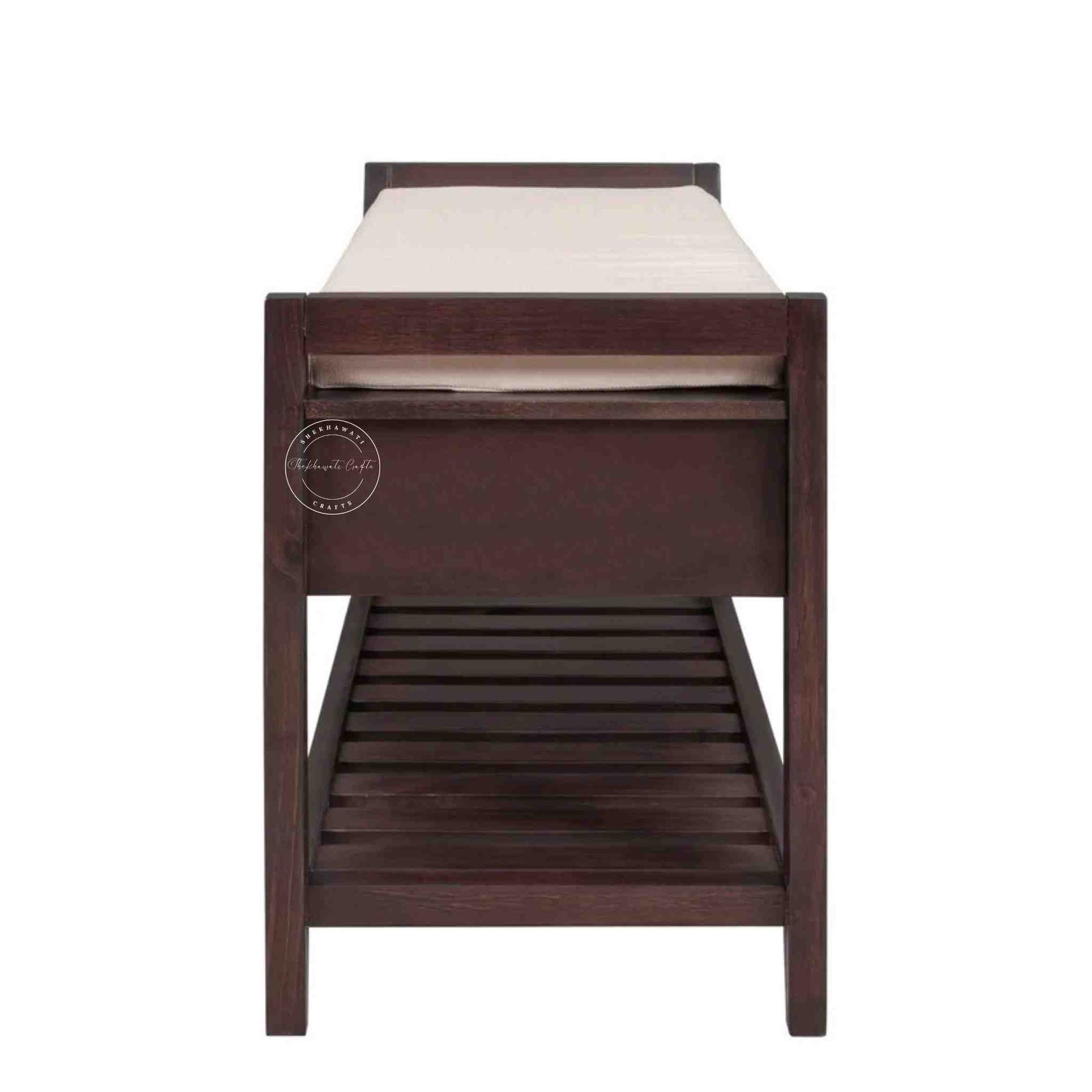 Lyla Mango Wood Storage Bench with red mahogany finish, seating cushion, 2 drawers, bottom shelf and entrance furniture for home or office.
