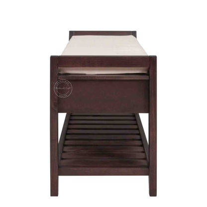Lyla Mango Wood Storage Bench with red mahogany finish, seating cushion, 2 drawers, bottom shelf and entrance furniture for home or office.