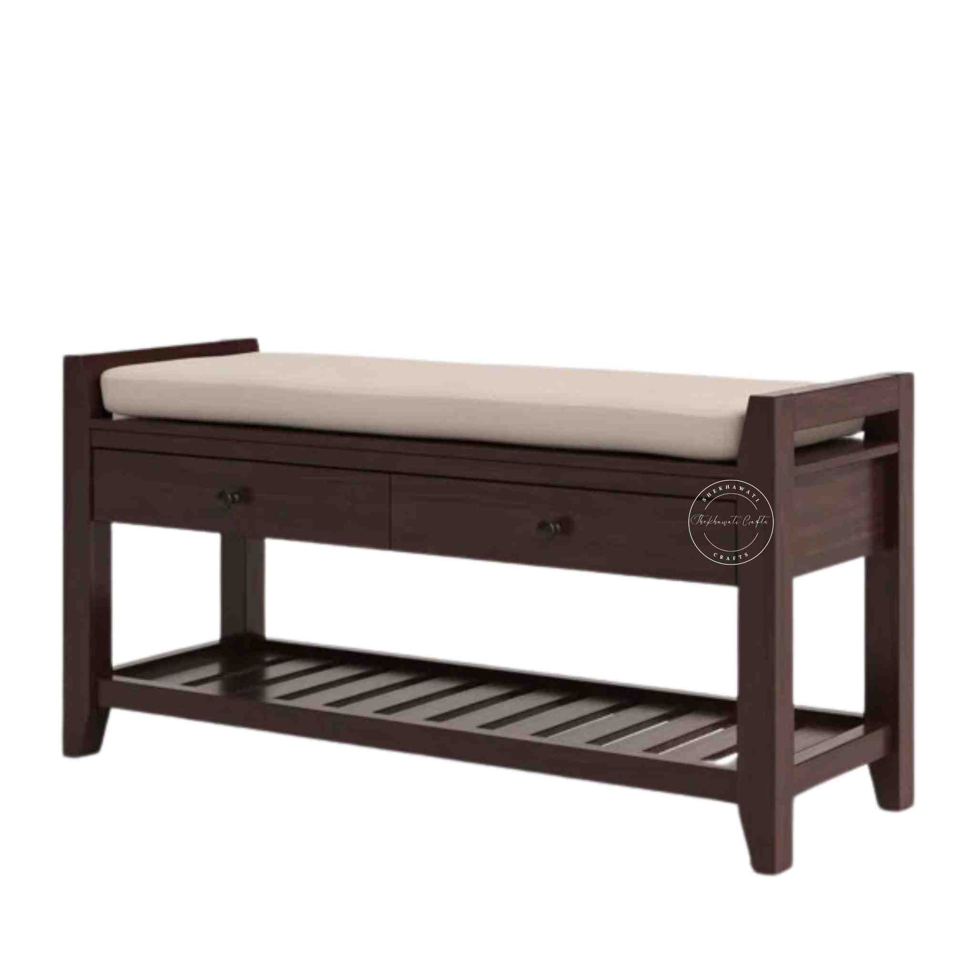 Lyla Mango Wood Storage Bench with red mahogany finish, seating cushion, 2 drawers, bottom shelf and entrance furniture for home or office.