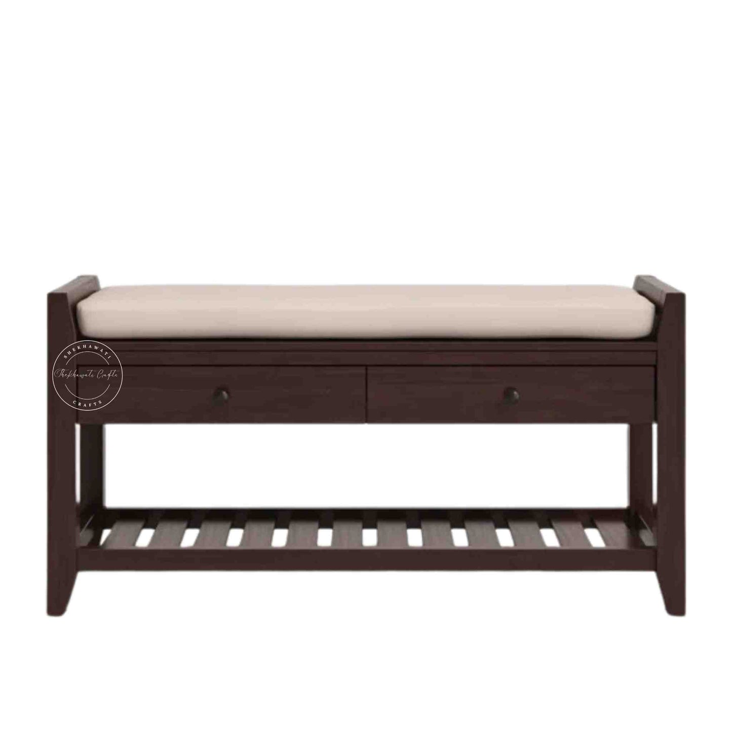 Lyla Mango Wood Storage Bench with red mahogany finish, seating cushion, 2 drawers, bottom shelf and entrance furniture for home or office.