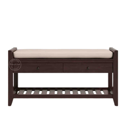Lyla Mango Wood Storage Bench with red mahogany finish, seating cushion, 2 drawers, bottom shelf and entrance furniture for home or office.