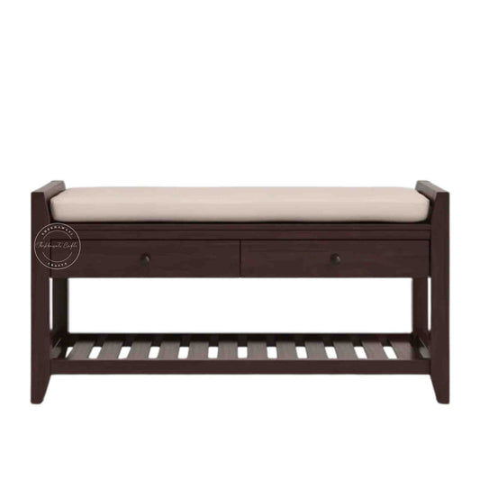 Lyla Mango Wood Storage Bench with red mahogany finish, seating cushion, 2 drawers, bottom shelf and entrance furniture for home or office.