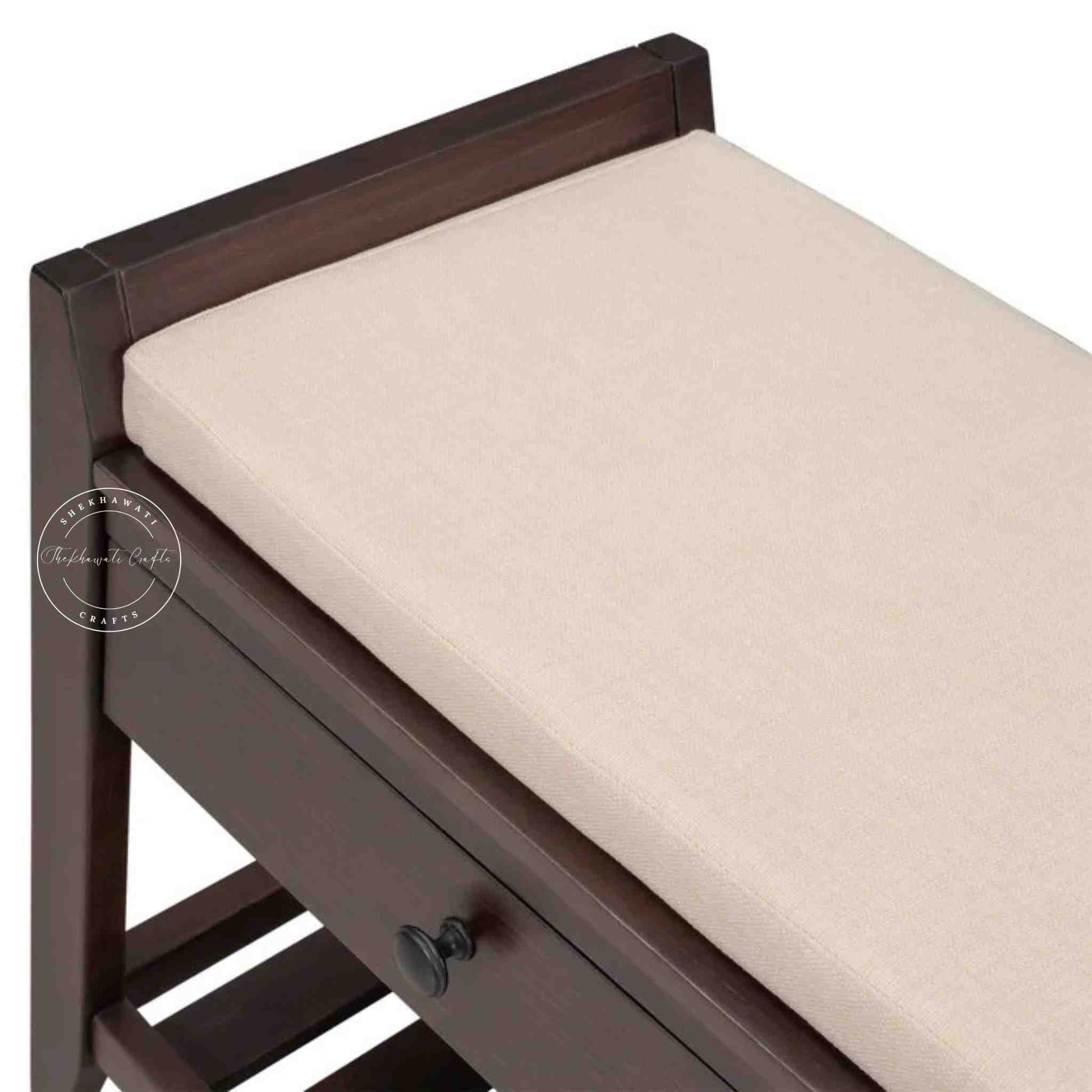 Lyla Mango Wood Storage Bench with red mahogany finish, seating cushion, 2 drawers, bottom shelf and entrance furniture for home or office.