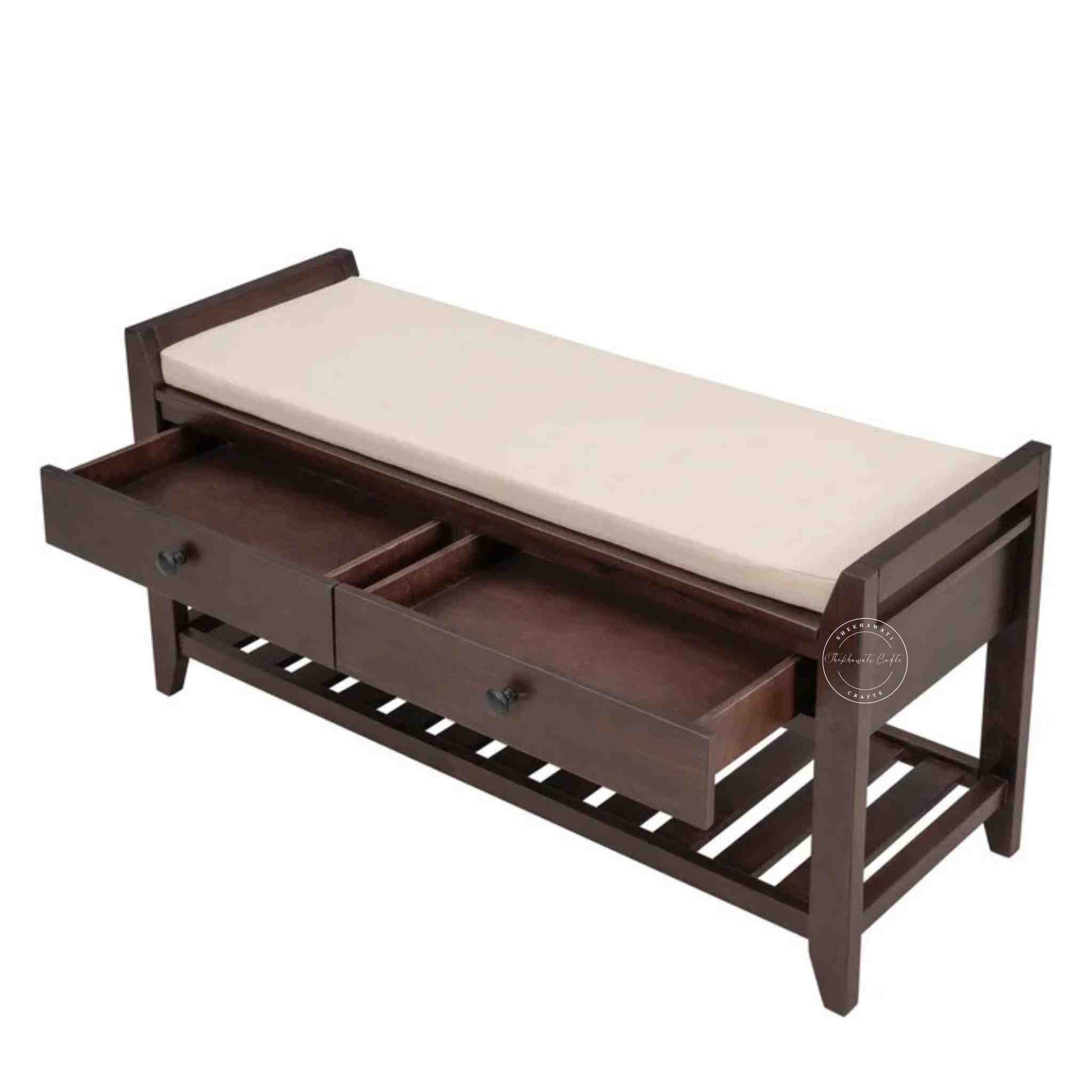 Lyla Mango Wood Storage Bench with red mahogany finish, seating cushion, 2 drawers, bottom shelf and entrance furniture for home or office.