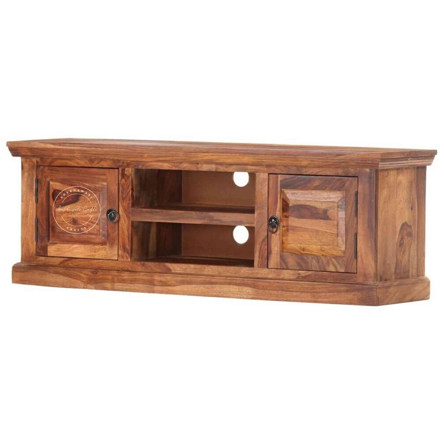 Vintage design Madesa TV Cabinet in Sheesham wood with a natural finish, 2 doors, 2 shelves and termite-free.