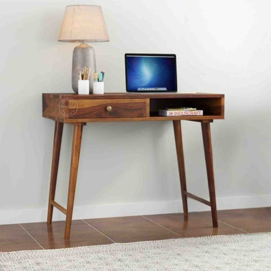 Malabar study table handcrafted with solid wood and natural finish with 1 drawer and 1 open shelf