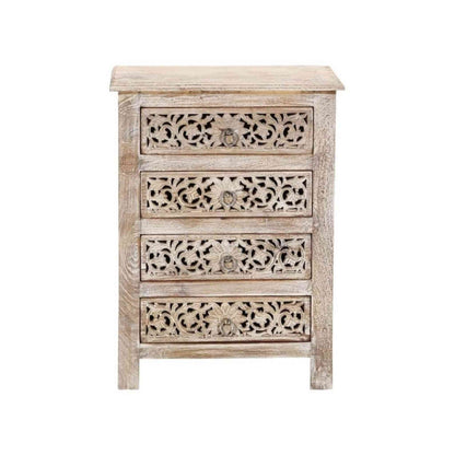 A beige wooden bedside table with four drawers, featuring traditional floral carved designs in a white background.