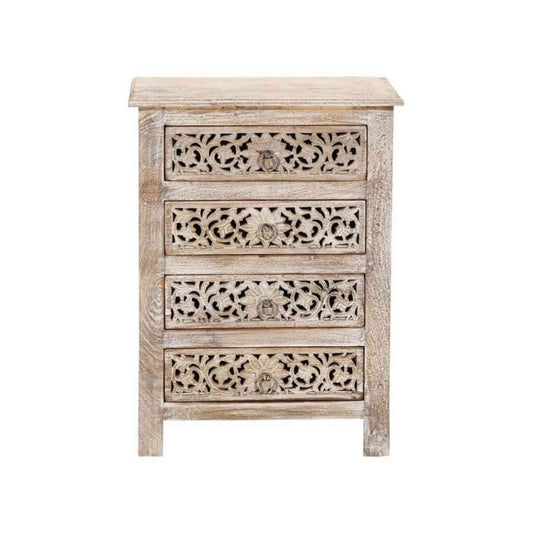 A beige wooden bedside table with four drawers, featuring traditional floral carved designs in a white background.