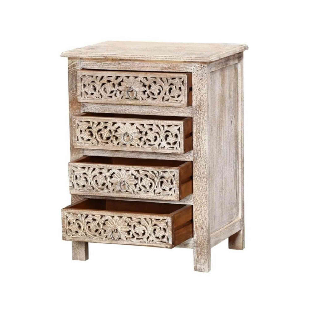 A beige wooden bedside table with four drawers, featuring traditional floral carved designs in a white background.