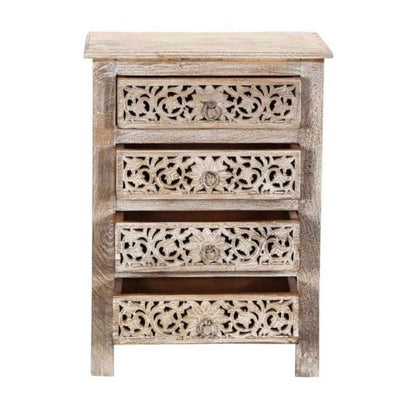 A beige wooden bedside table with four drawers, featuring traditional floral carved designs in a white background.