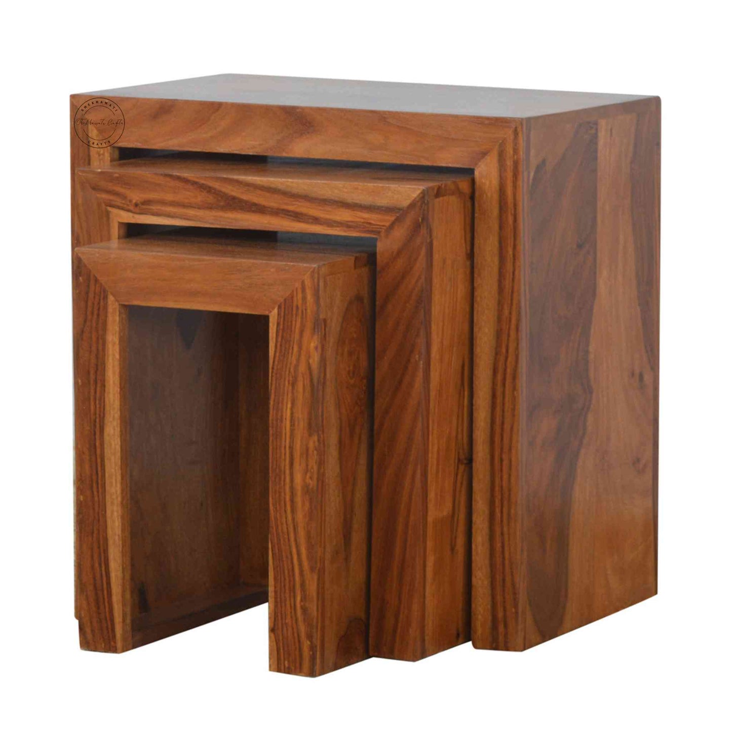 Handcrafted Marvi Stool Set of 3 in sheesham wood with honey finish, modern design, wooden stool for home.