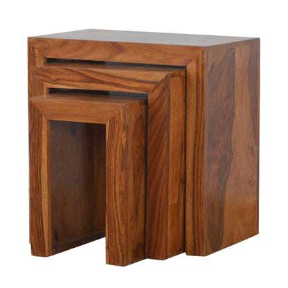 Handcrafted Marvi Stool Set of 3 in sheesham wood with honey finish, modern design, wooden stool for home.