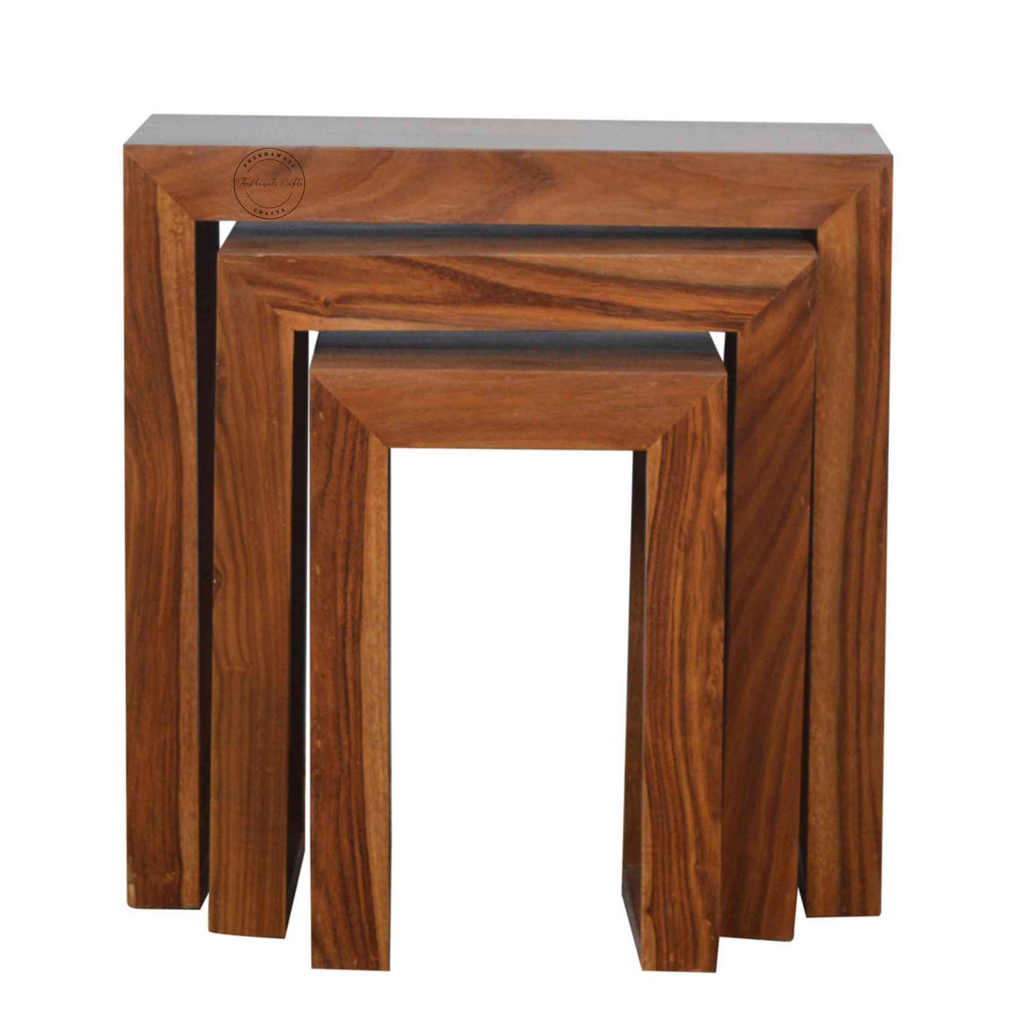 Handcrafted Marvi Stool Set of 3 in sheesham wood with honey finish, modern design, wooden stool for home.