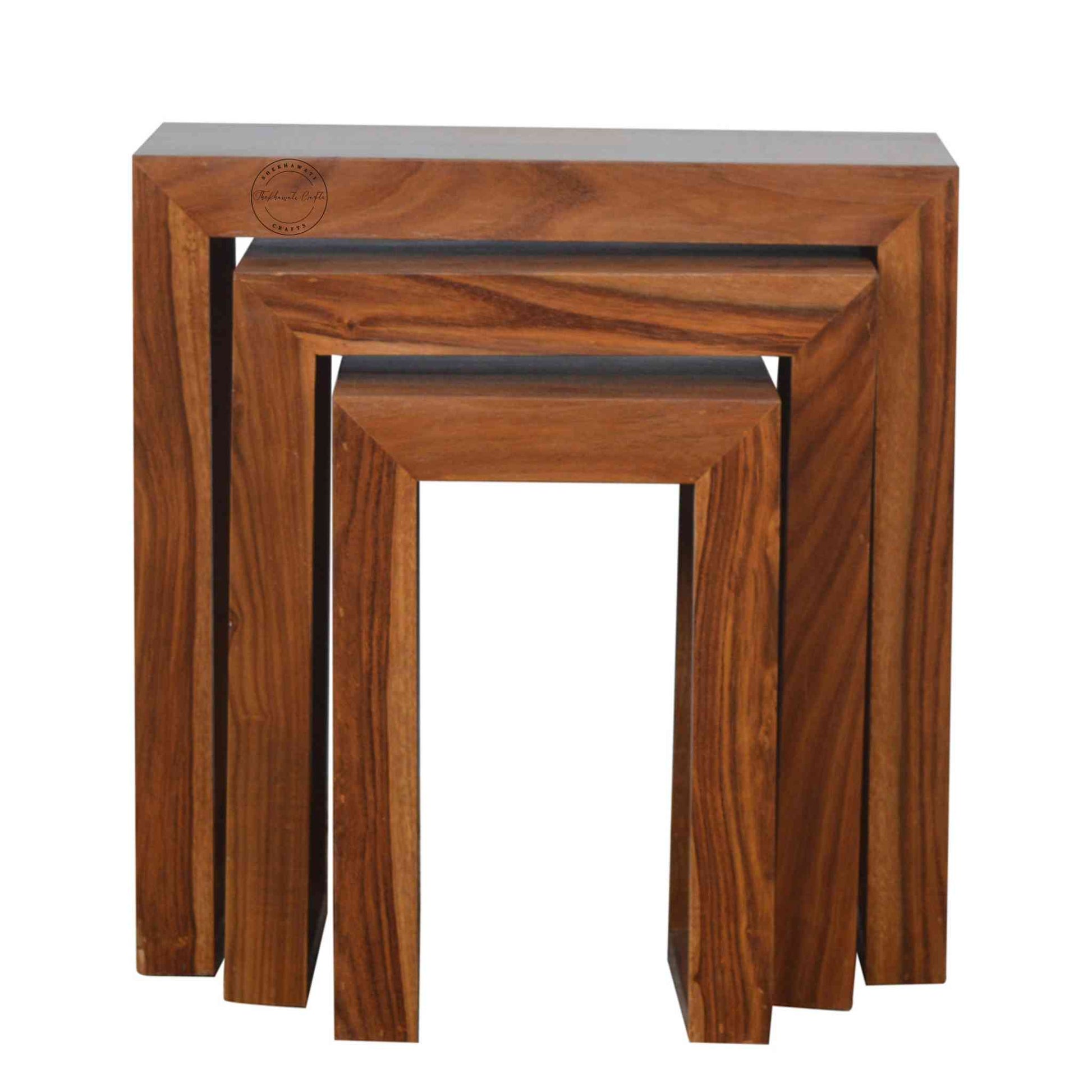 Handcrafted Marvi Stool Set of 3 in sheesham wood with honey finish, modern design, wooden stool for home.