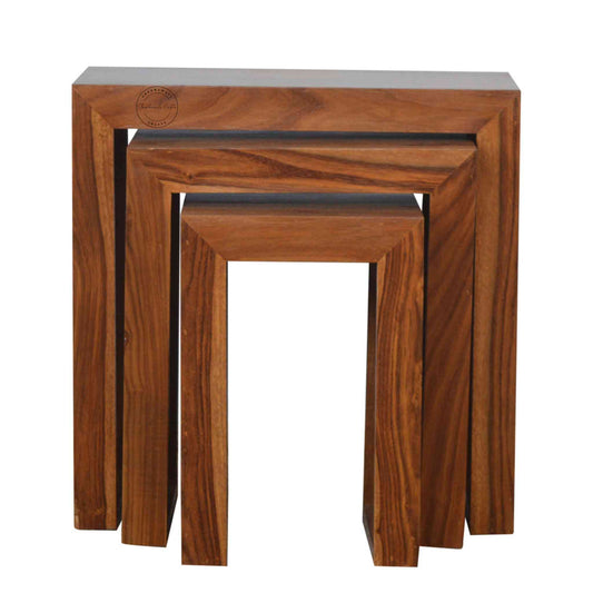 Handcrafted Marvi Stool Set of 3 in sheesham wood with honey finish, modern design, wooden stool for home.