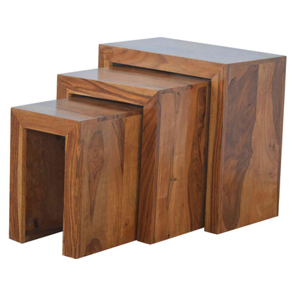Handcrafted Marvi Stool Set of 3 in sheesham wood with honey finish, modern design, wooden stool for home.
