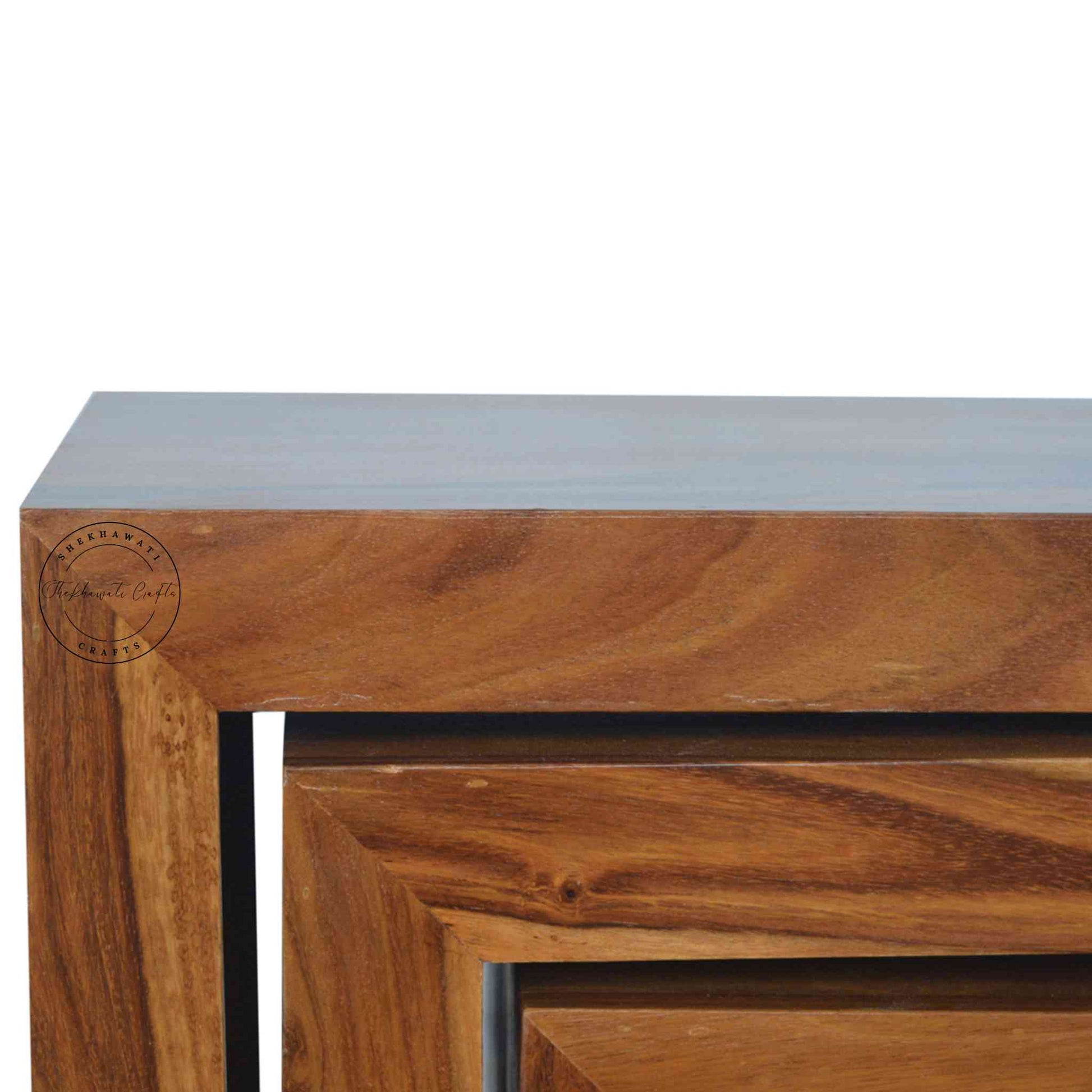 Handcrafted Marvi Stool Set of 3 in sheesham wood with honey finish, modern design, wooden stool for home.