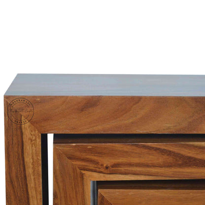 Handcrafted Marvi Stool Set of 3 in sheesham wood with honey finish, modern design, wooden stool for home.