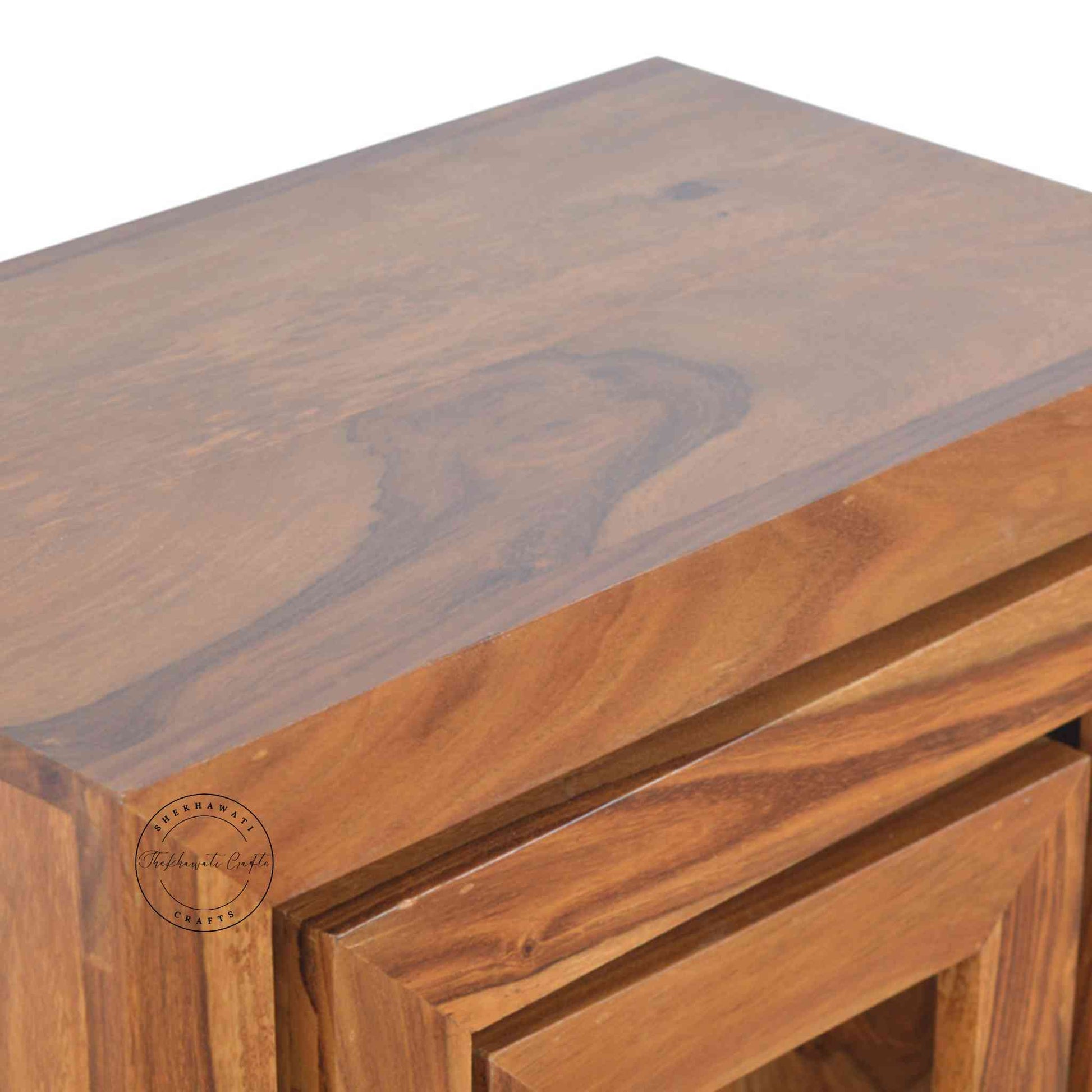 Handcrafted Marvi Stool Set of 3 in sheesham wood with honey finish, modern design, wooden stool for home.