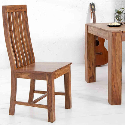 Handcrafted Maurice High Back Wooden Chair made of sheesham wood with a honey finish and added backrest support.