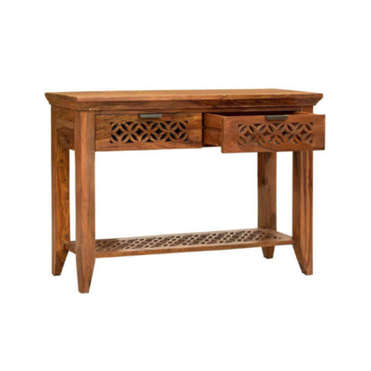 Mirra Console Table is handcrafted with sheesham wood, a honey finish, 2 drawers and a bottom shelf.
