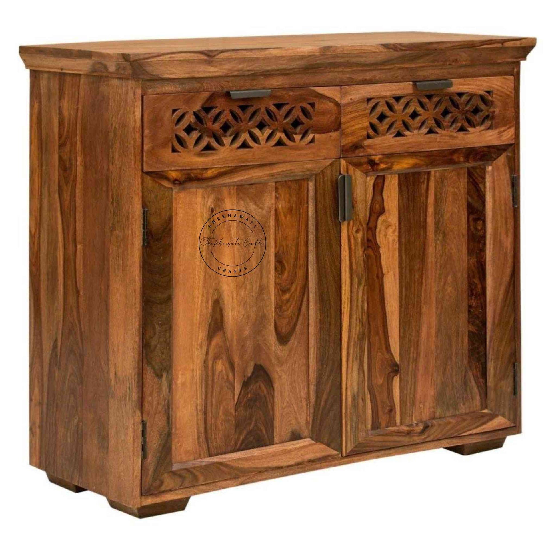 Handmade vintage Mirra 2-drawer sideboard made of sheesham wood with a honey finish and detachable shelves.