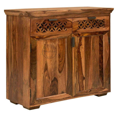 Handmade vintage Mirra 2-drawer sideboard made of sheesham wood with a honey finish and detachable shelves.