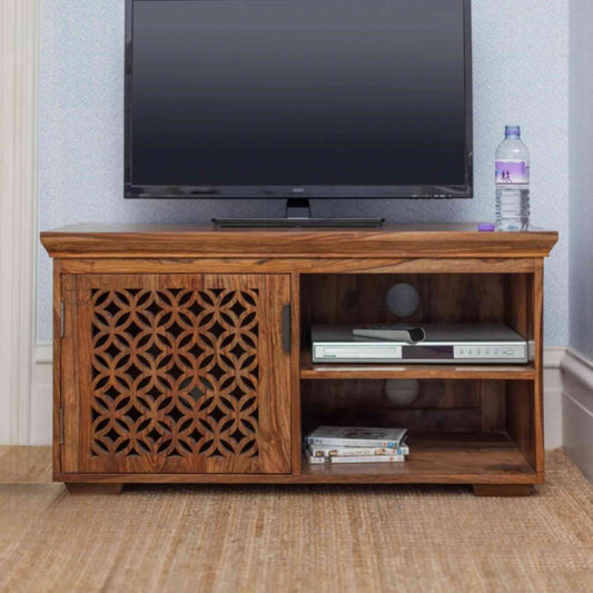 Mirra wooden TV Cabinet crafted from solid sheesham wood, vintage design, honey finish, 1 shelf, 1 door, furniture for home.